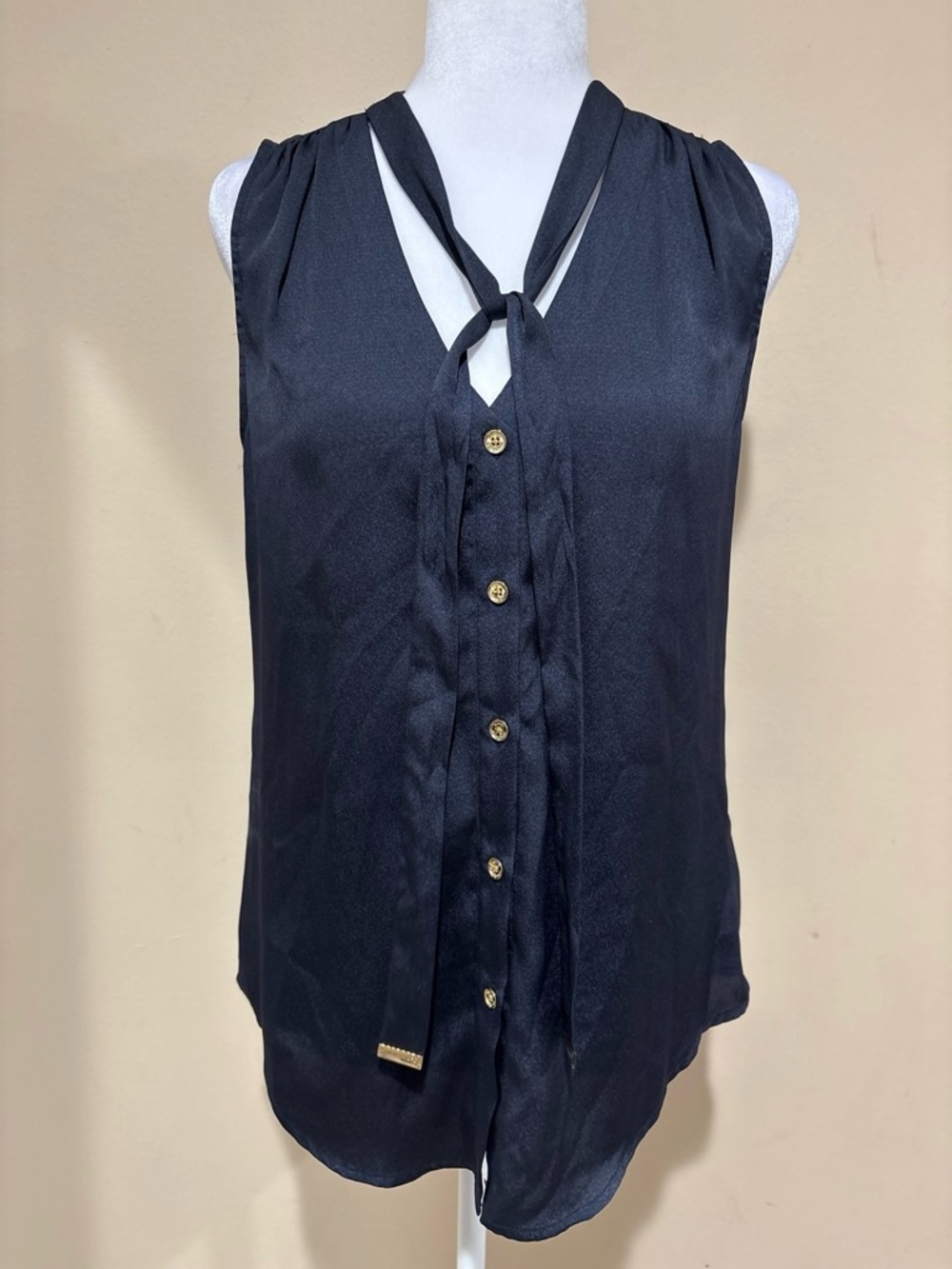 Michael Kors Navy Blue Sleeveless Tie-Neck Button Blouse